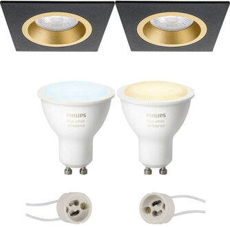 Pragmi Rodos Pro - Inbouw Vierkant - Mat Zwart/Goud - 93mm - Philips Hue - LED Spot Set GU10 - White Ambiance