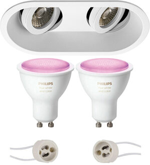 Pragmi Zano Pro - Inbouw Ovaal Dubbel - Mat Wit - Kantelbaar - 185x93mm - Philips Hue - LED Spot Set GU10 - White and