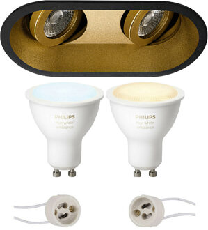 Pragmi Zano Pro - Inbouw Ovaal Dubbel - Mat Zwart/Goud - Kantelbaar - 185x93mm - Philips Hue - LED Spot Set GU10 - White