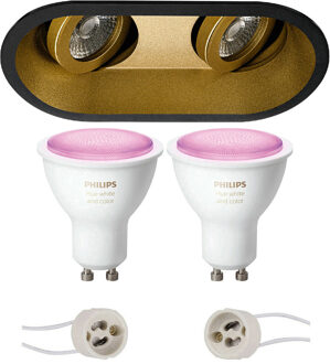 Pragmi Zano Pro - Inbouw Ovaal Dubbel - Mat Zwart/Goud - Kantelbaar - 185x93mm - Philips Hue - LED Spot Set GU10 - White