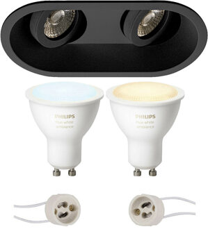 Pragmi Zano Pro - Inbouw Ovaal Dubbel - Mat Zwart - Kantelbaar - 185x93mm - Philips Hue - LED Spot Set GU10 - White