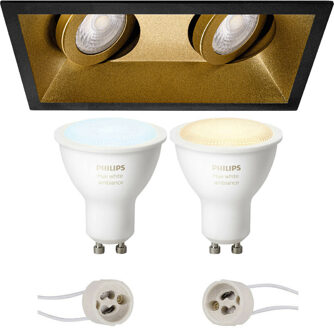 Pragmi Zano Pro - Inbouw Rechthoek Dubbel - Mat Zwart/Goud - Kantelbaar - 185x93mm - Philips Hue - LED Spot Set GU10