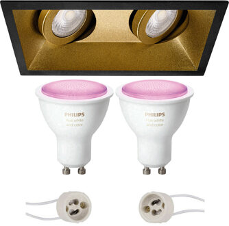Pragmi Zano Pro - Inbouw Rechthoek Dubbel - Mat Zwart/Goud - Kantelbaar - 185x93mm - Philips Hue - LED Spot Set GU10