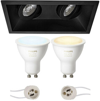 Pragmi Zano Pro - Inbouw Rechthoek Dubbel - Mat Zwart - Kantelbaar - 185x93mm - Philips Hue - LED Spot Set GU10 - White
