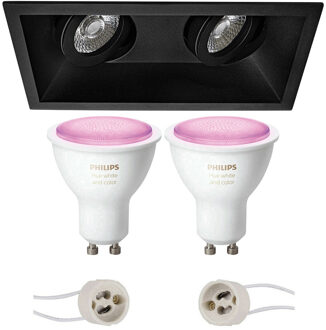 Pragmi Zano Pro - Inbouw Rechthoek Dubbel - Mat Zwart - Kantelbaar - 185x93mm - Philips Hue - LED Spot Set GU10 - White