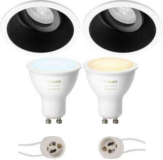 Pragmi Zano Pro - Inbouw Rond - Mat Zwart/Wit - Kantelbaar - Ø93mm - Philips Hue - LED Spot Set GU10 - White Ambiance