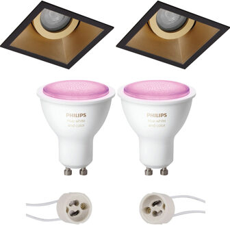 Pragmi Zano Pro - Inbouw Vierkant - Mat Zwart/Goud - Kantelbaar - 93mm - Philips Hue - LED Spot Set GU10 - White and