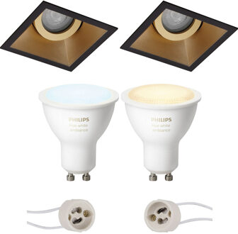 Pragmi Zano Pro - Inbouw Vierkant - Mat Zwart/Goud - Kantelbaar - 93mm - Philips Hue - LED Spot Set GU10 - White