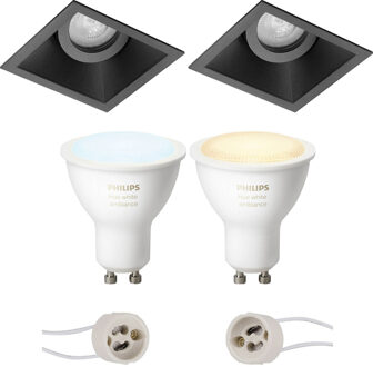 Pragmi Zano Pro - Inbouw Vierkant - Mat Zwart - Kantelbaar - 93mm - Philips Hue - LED Spot Set GU10 - White Ambiance