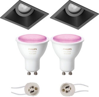 Pragmi Zano Pro - Inbouw Vierkant - Mat Zwart - Kantelbaar - 93mm - Philips Hue - LED Spot Set GU10 - White and Color