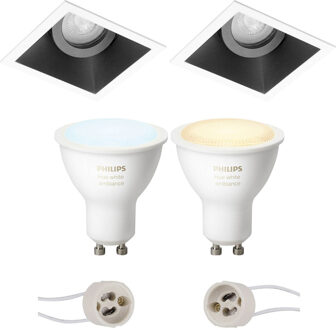 Pragmi Zano Pro - Inbouw Vierkant - Mat Zwart/Wit - Kantelbaar - 93mm - Philips Hue - LED Spot Set GU10 - White Ambiance