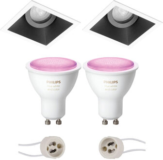 Pragmi Zano Pro - Inbouw Vierkant - Mat Zwart/Wit - Kantelbaar - 93mm - Philips Hue - LED Spot Set GU10 - White and