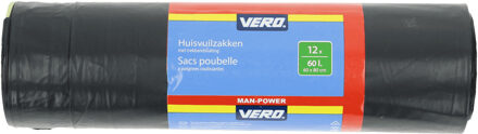 Praxis 12x Afvalzakken/vuilniszakken met trekband 60 liter - Vuilniszakken Zwart
