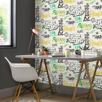 Praxis Behang Friends & Coffee Graffity Print grijs en groen Multikleur