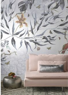 Praxis Fotobehang Bloemen En Bladeren 14306 - Grijs - Wit - 2,70m X 300cm