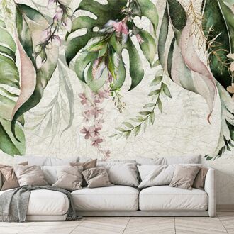 Praxis Fotobehang Bloemen En Bladeren - Groen - Licht Groen - Beige - Roze - 2,70m X 53cm