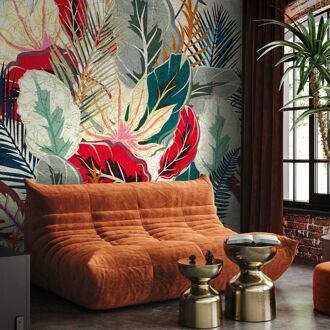 Praxis Fotobehang Grandes Feuilles - Groen - Rood - Oranje - 2,70 M X 53 Cm