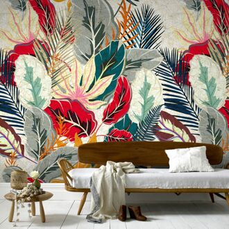 Praxis Fotobehang Grote Bladeren 47328 - Groen - Rood - Oranje - 3,40 M X 318 Cm