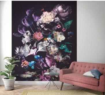 Praxis Fotobehang Grote Bloemen - Paars - Roze - Blauw - Groen - Wit - Zwart - 2,70m X 212cm