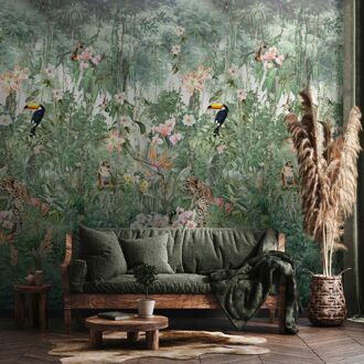 Praxis Fotobehang Jungle - Groen - Roze - Oranje - Geel - Zwart - 3,40m X 212cm