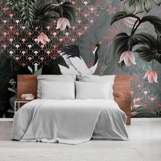 Praxis Fotobehang Kraanvogels 46998 - Groen - Vergrijsd Groen - Roze - Wit - Zwart - 2,70m X 424cm