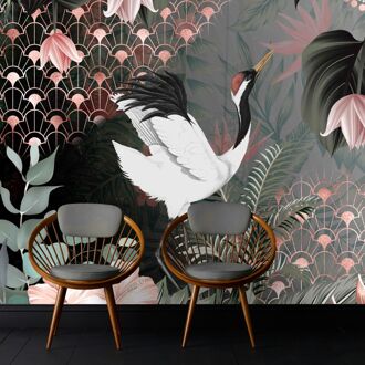 Praxis Fotobehang Kraanvogels - Groen - Vergrijsd Groen - Roze - Wit - Zwart - 3,40m X 265cm