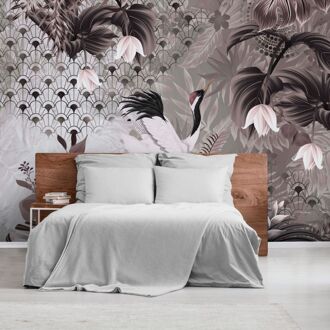 Praxis Fotobehang Kraanvogels - Taupe Grijs - Vergrijsd Roze - 2,70m X 424cm