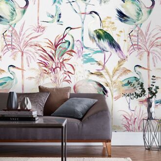 Praxis Fotobehang Reigers - Roze - Groen - Paars - Blauw - Geel - 3,40m X 265cm