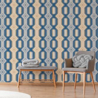 Praxis Fotobehang Seventies Grafisch - Blauw - Beige - Grijs - Wit - 2,70m X 419cm