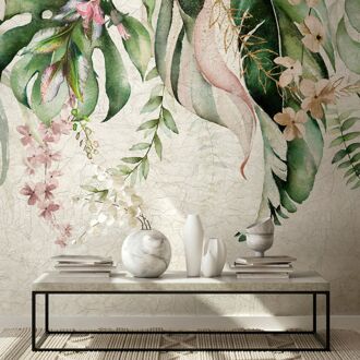 Praxis Fotobehang Tropische Bloemen En Bladeren - Groen - Licht Groen - Beige - Roze - 2,70m X 53cm