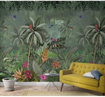 Praxis Fotobehang Tropische Jungle - Groen - Roze - Oranje - Blauw - Paars - 2,70m X 212cm