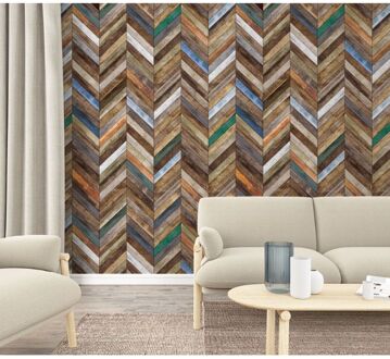 Praxis Fotobehang Visgraat Planken - Bruin - Vergrijsd Hout - Blauw - Groen - Oranje - 2,70m X 159cm