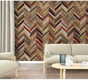 Praxis Fotobehang Visgraat Planken - Bruin - Vergrijsd Hout - Rood - Oranje - 2,70m X 159cm