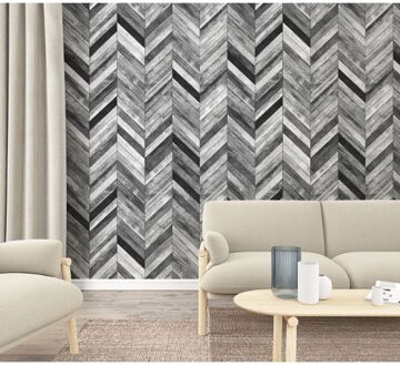 Praxis Fotobehang Visgraat Planken - Grijs - Zwart - Wit - 2,70m X 159cm