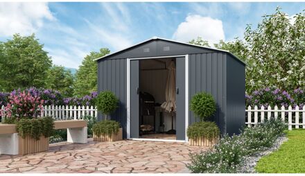 Praxis Metalen Tuinhuis Dresden Ii - Leisteen/wit - 301x238cm - Dubbele Deur