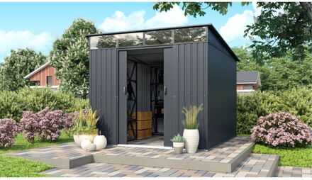 Praxis Metalen Tuinhuis Lübeck - Antraciet Mat - 238x278cm - Dubbele Deur - Met Lessenaarsdak
