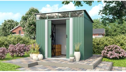 Praxis Metalen Tuinhuis Lübeck - Zilverspar Wit - 238x194cm - Dubbele Deur - Met Lessenaarsdak