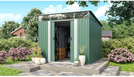 Praxis Metalen Tuinhuis Lübeck - Zilverspar/wit - 238x278cm - Dubbele Deur - Met Lessenaarsdak