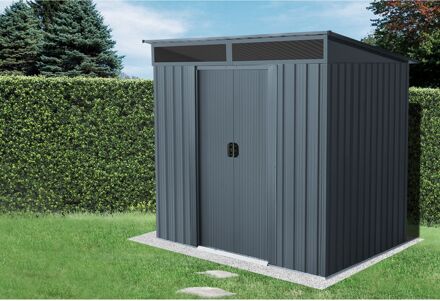 Praxis Metalen Tuinhuis Lüttich - Antraciet Mat - 195x151cm - Dubbele Deur - Met Lessenaarsdak