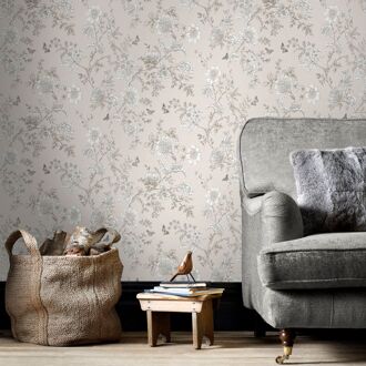 Praxis Papierbehang Bloemen - Beige - Taupe - Grijs - Antraciet - 10,05m X 52,8cm