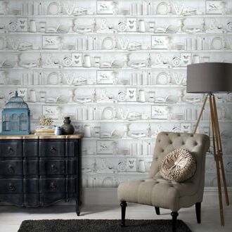 Praxis Papierbehang Brocante Kast - Grijs - Lichtblauw - Wit - 10,05m X 52,8cm