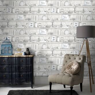 Praxis Papierbehang Brocante Kast - Grijs - Wit - 10,05 M X 52,8 Cm