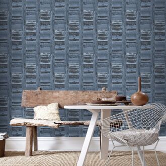 Praxis Papierbehang Oude Houten Louvredeuren - Blauw - Zwart - 10,05 M X 52,8 Cm