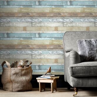 Praxis Papierbehang Sloophout - Beige - Blauw - Taupe - Grijs - 10,05m X 52,8cm