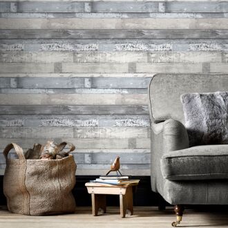 Praxis Papierbehang Sloophout - Blauw - Grijs - 10,05 M X 52,8 Cm