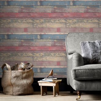 Praxis Papierbehang Sloophout - Rood - Beige - Blauw - 10,05m X 52,8cm