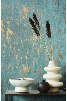 Praxis Vliesbehang City Romance 35164 - Vergrijsd Petrol - Koperen Glans - 10,05m X 53cm