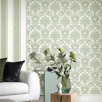 Praxis Vliesbehang Classic & Elegant 23615 - Offwhite - Mintgroen Met Glans - 10,05m X 53cm