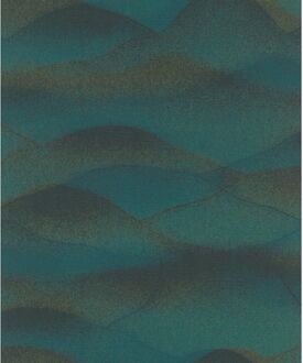 Praxis Vliesbehang Glooiende Bergen - Tealgroen - Zwart - Gouden Glittertje - 10,05m X 53cm