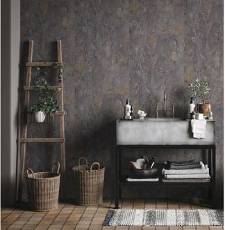 Praxis Vliesbehang Grove Natuursteen Tegel - Antraciet - Aubergine - Paars - Rood - Mosterd - 10,05m X 53cm